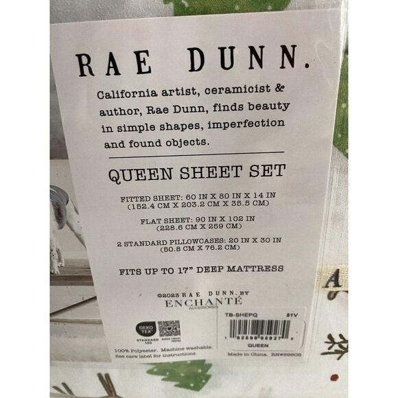 Rae Dunn Reindeer Christmas Tree Soft Queen Size Sheet Set Holiday 4 Piece NEW - Picture 9 of 14